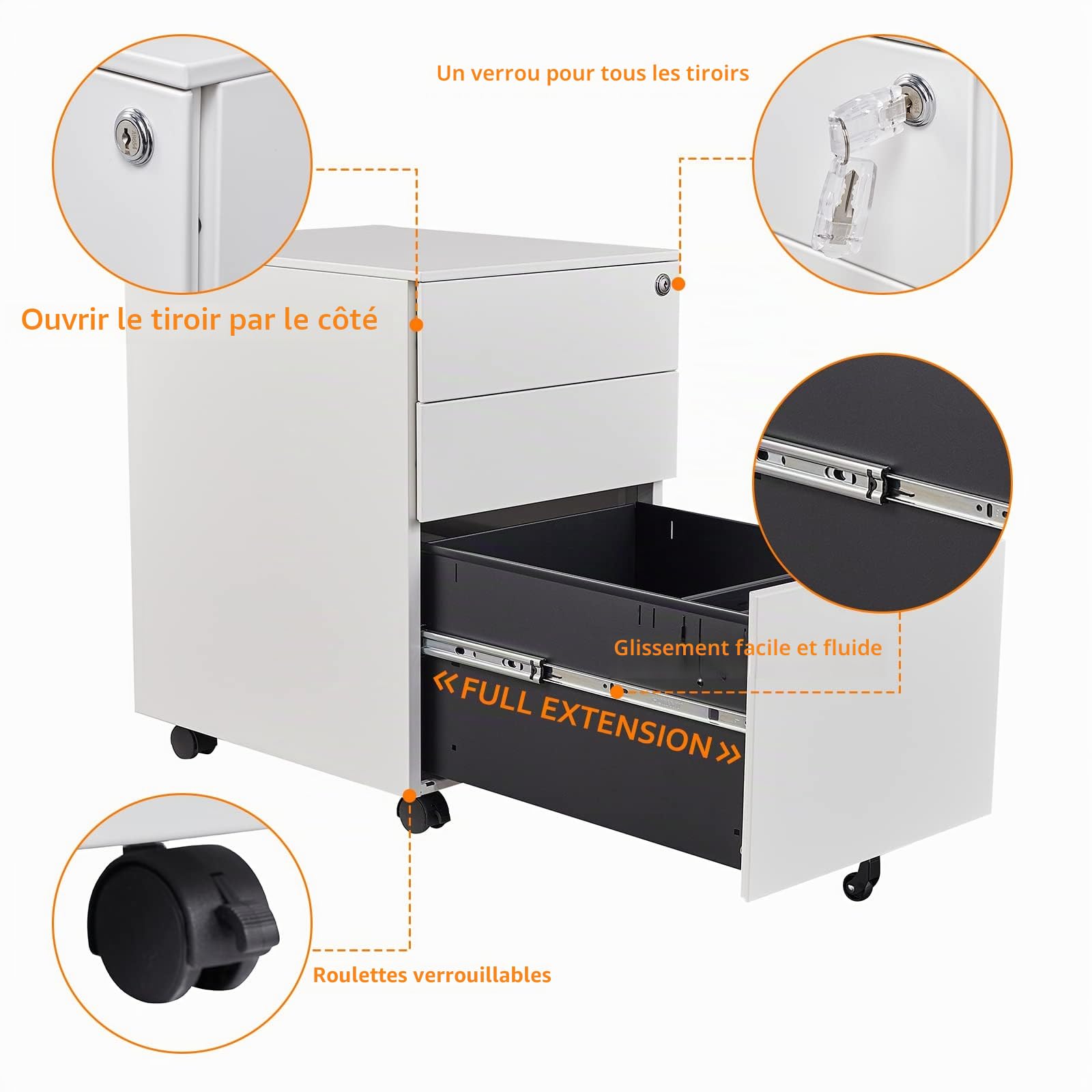Sightlife Metal Caisson de Rangement Mobile Caisson de Bureau à 3 Tiroirs Meuble à dossiers Bureau Placard de Rangement Mobile Rangement Document à roulettes 39 x 50 x 60 cm Blanc