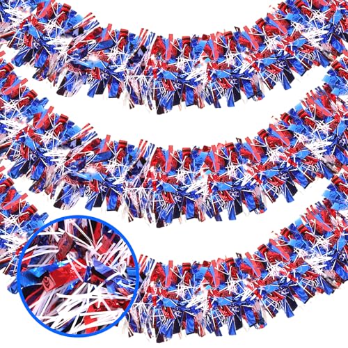 51.2Ft 4th of July Decorations Patriotic Tinsel Garland Red White and Blue Glitter Hanging Garland for Independence Day Memorial Day Indoor Outdoor Fourth of July Garland Parade Float Home Decor