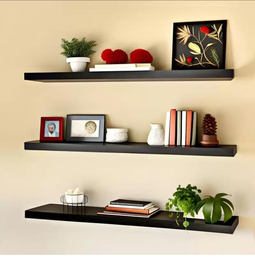 Modern Floating Wall Shelves Set of 3 – 18 Inch Black Wooden Display Shelves for Living Room Bedroom Kitchen & Office | Wall Mounted Storage Rack for Books Plants Decor & Photos-image-30