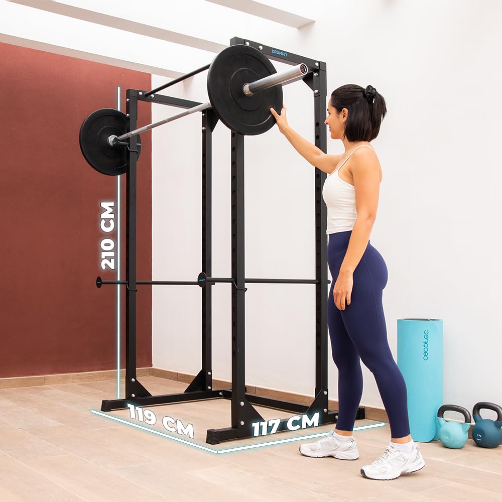 Cecotec Torre y Jaula Multiestación de Musculación, Rack de Dominadas y Fondos Drumfit PullUps 4000 Power Tower. Acolchado y con Agarres Antideslizantes, Altura Ajustable, Máximo Peso 120Kg