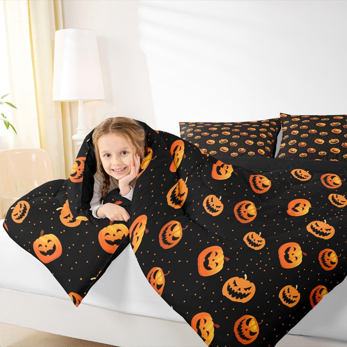 Feelyou Halloween Duvet Set Ghost Pink Twin Size Bedding Set Decoration for Kids Boys Girls Happy Funny Halloween Cute Comforter Set Kawaii Quilt Set Soft and Lightweight