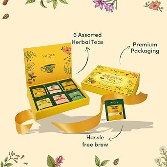 VAHDAM, Assorted Herbal Tea Variety Pack (6 Variants, 36 Tea Bags) Caffeine Free, Gluten Free, Non GMO | Eco Friendly Long Leaf Pyramid Tea Bags I Tea Gift Set for Men and Wome