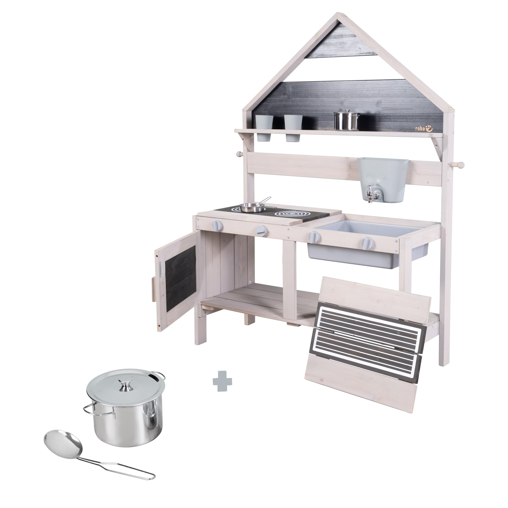 roba Cocina para Niños con Diseño de Casa - Cocinita de Juego Funcional para Exteriores con Accesorios - Madera Maciza Certificada FSC - Gris Esmaltado