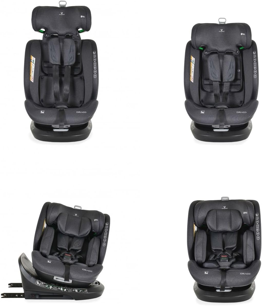 अनेक views of car seat showing headrest and recline adjustments