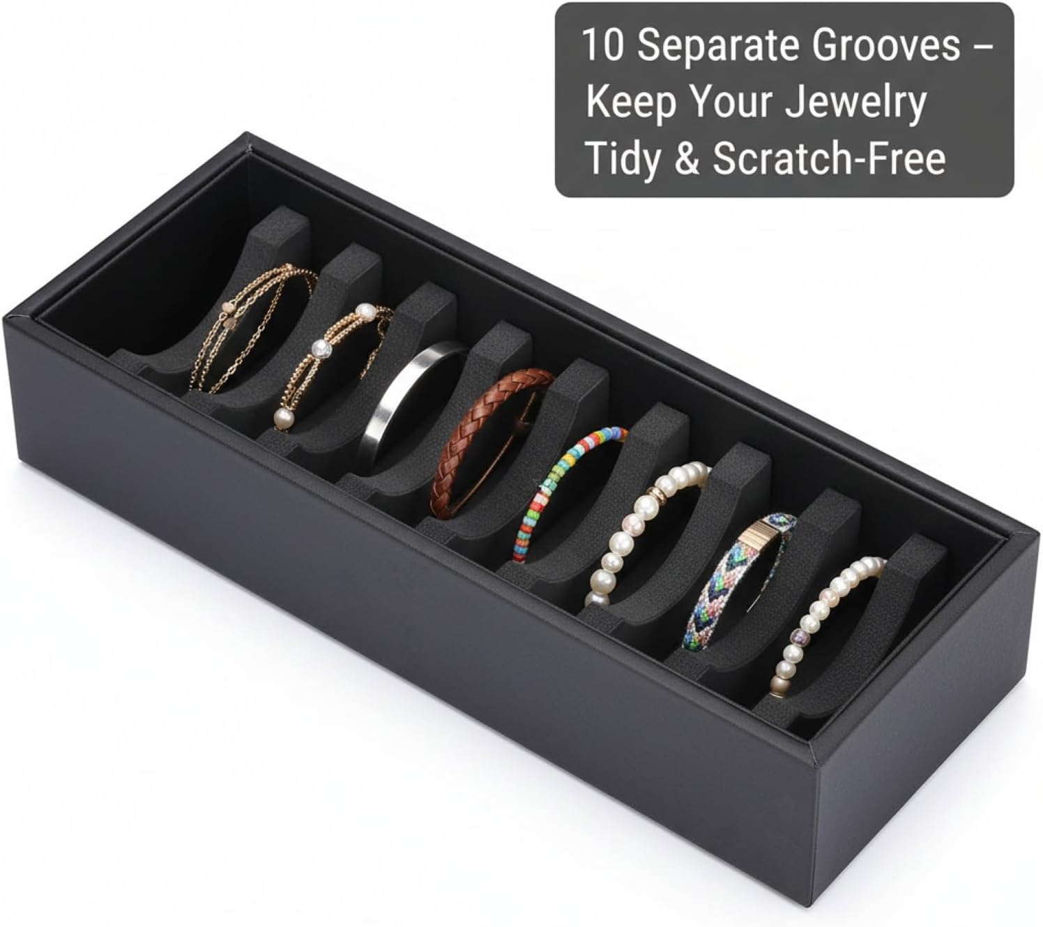 I-MART Black Bracelet Organizer Box with 10 Grooves, PU Leather Bracelet Holder and Bangle Organizer Tray, Jewelry Bangle Storage Box for Bracelets, Bangles and Cuffs, Display Holder