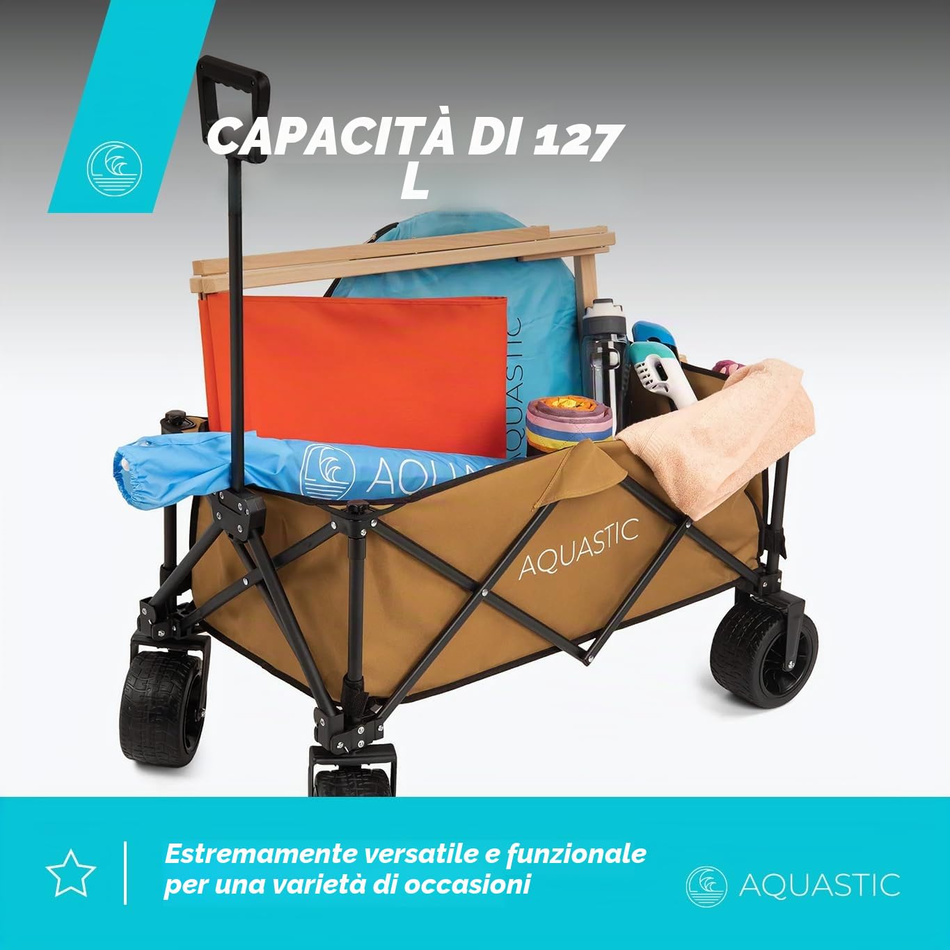 Aquastic - Carrello Pieghevole Caro 90x47x55 cm - Carrello Da Trasporto Resistente Con Grandi Ruote 127L Per Spiaggia Giardino E Campeggio Marrone