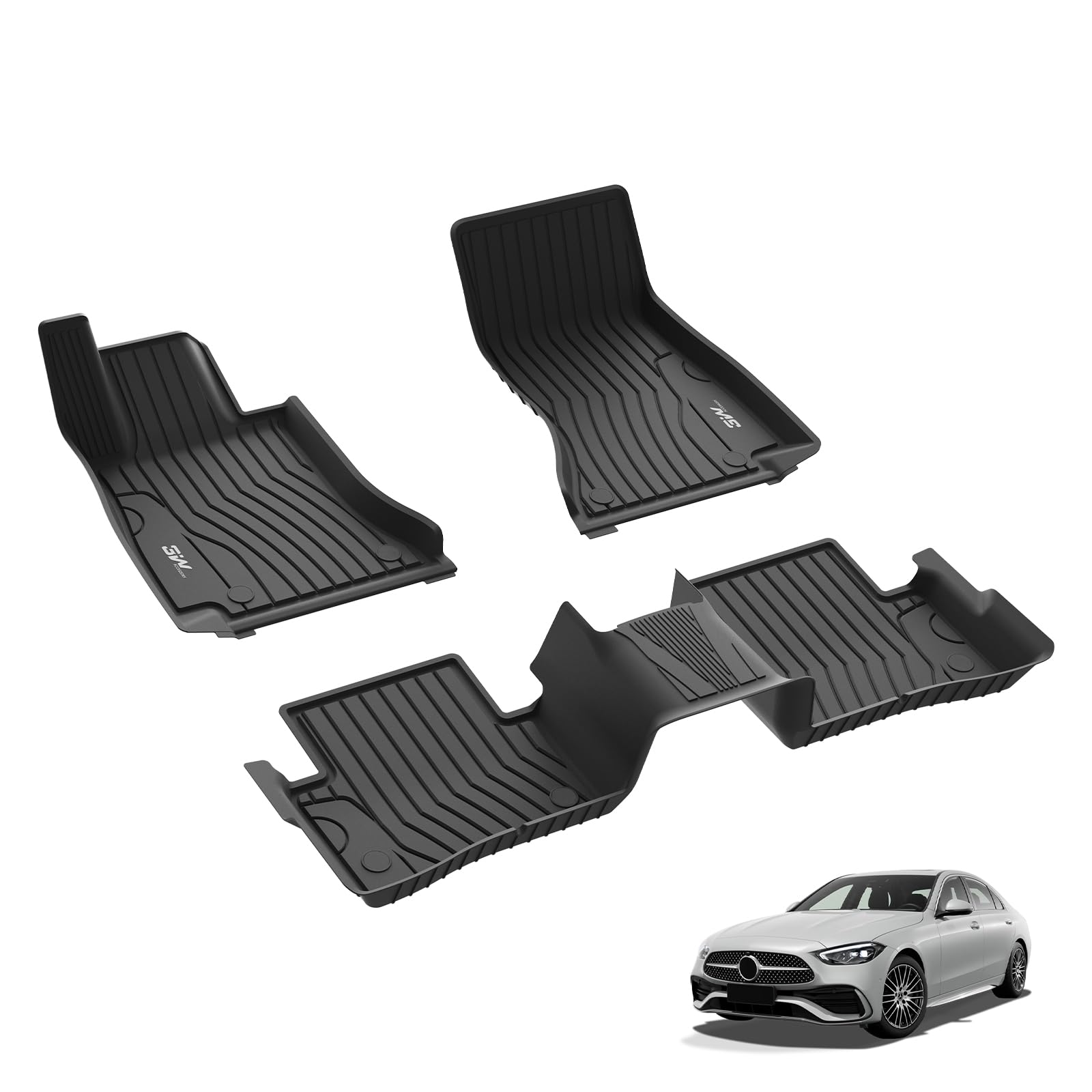 3w floor mats compatible for benz c-class 2022-2024 tpe all weather custom fit floor liner for benz c class 1st and 2nd row car mats (for sedan only), black