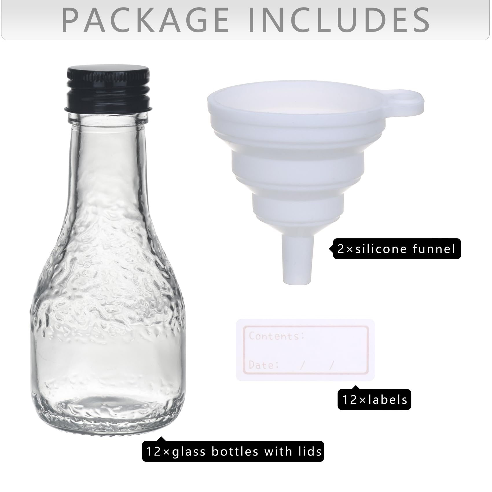 BLUE HANDCART 12 Pack Small Glass Bottles, 3.4 oz Mini Shot Bottles with Caps & 2 Funnels, 100ml Glass Containers for DIY Juice, Potion, Wellness, Wine, Ginger