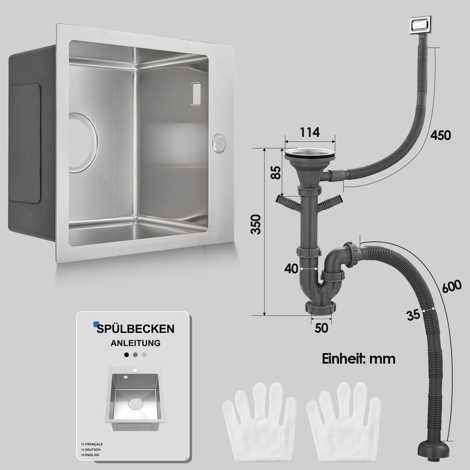 ROVOGO Küchenspüle 40 x 34 cm Edelstahl 304 Gebürstet, Einbauspüle 1 Becken Rechteckig mit Armaturloch, Ablaufgarnitur und Überlauf-Set