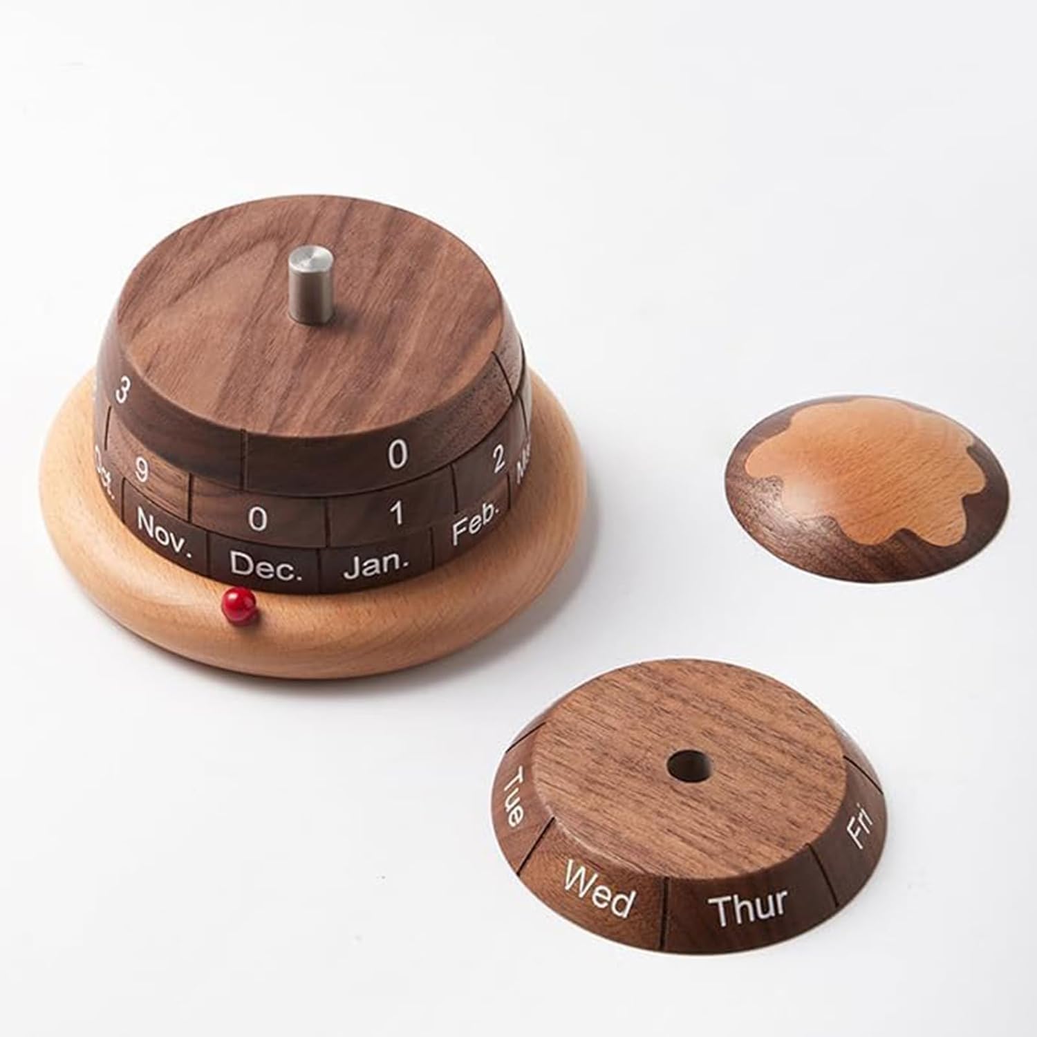 Rotierender Holzkalender, Abnehmbarer kuchenförmiger Tischkalender, kugelförmiger ewiger Kalender, Schreibtischzubehör, einzigartige Geschenkidee (Walnuss)