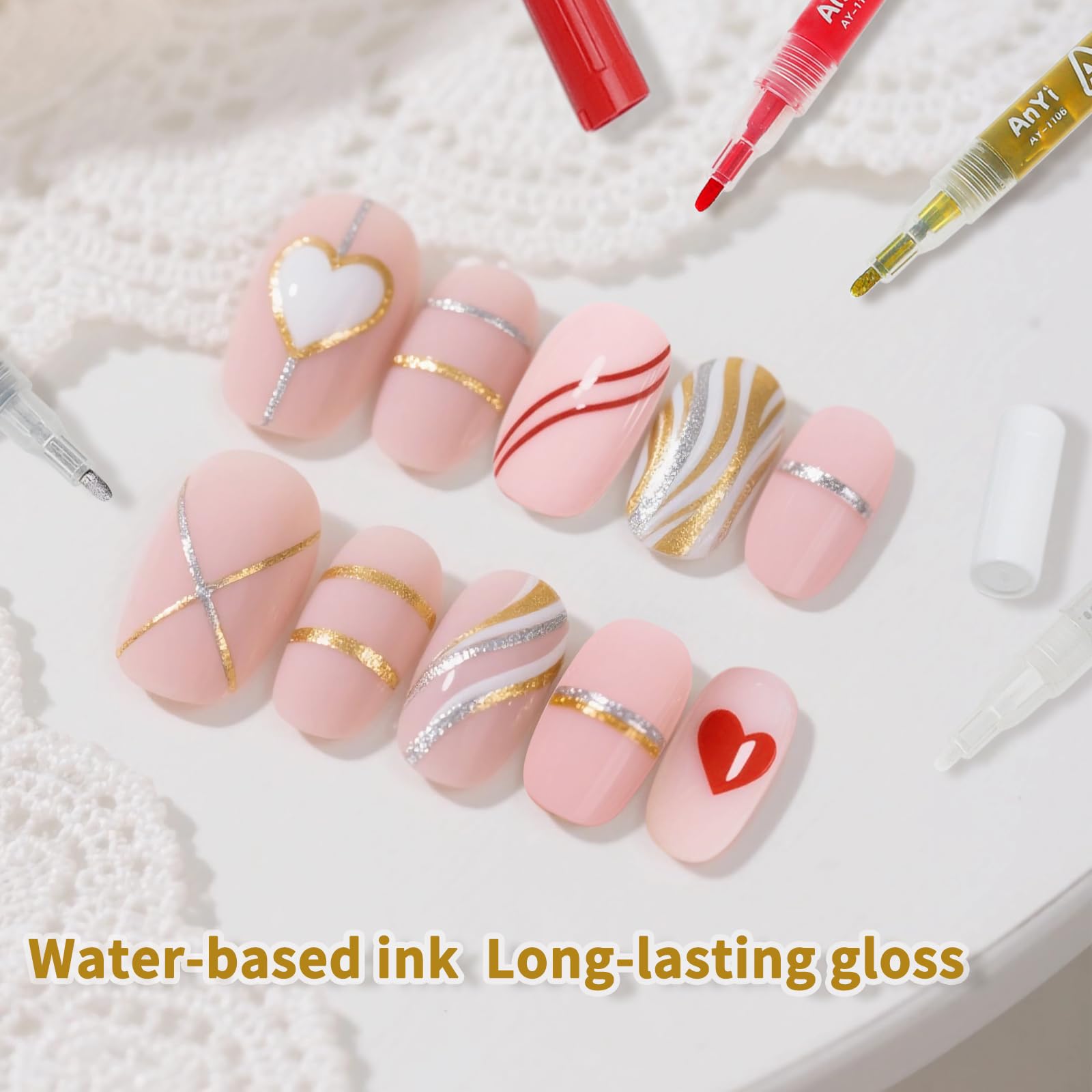 Set Penne Nail Art 4 Colori, Bianco Oro Argento Rosso Penna 3D per French Nails Design Preciso Asciugatura Rapida per Manicure Fai-da-te e Professionale Graffiti nail art bellezza manicure strumenti