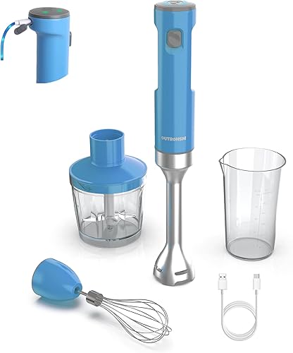 Batidora de mano inalámbrica, licuadora de inmersión OUTRONSM recargable, con cable de carga, picadora de 16.9 fl oz, recipiente de 20.3 fl oz,