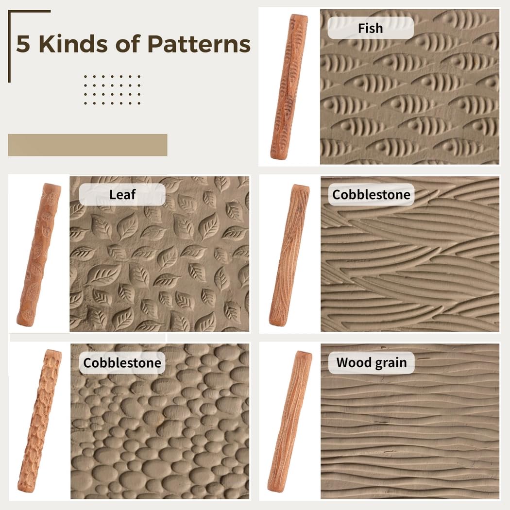 Lot de 5 rouleaux à motif d'argile pour poterie, avec feuilles, poissons, grain de bois, pavés et ondulations