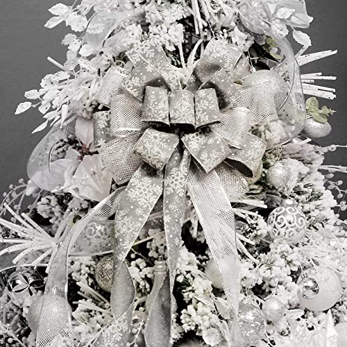 Christmas Tree Topper Bow, 44X12 Inch Artificial Xmas Tree Flower Topper Decor, For Family, Wedding, Birthday Party, Indoor Outdoor Thanksgiving Christmas Decoration - Grey/Sliver/Snowflake. #TOP5