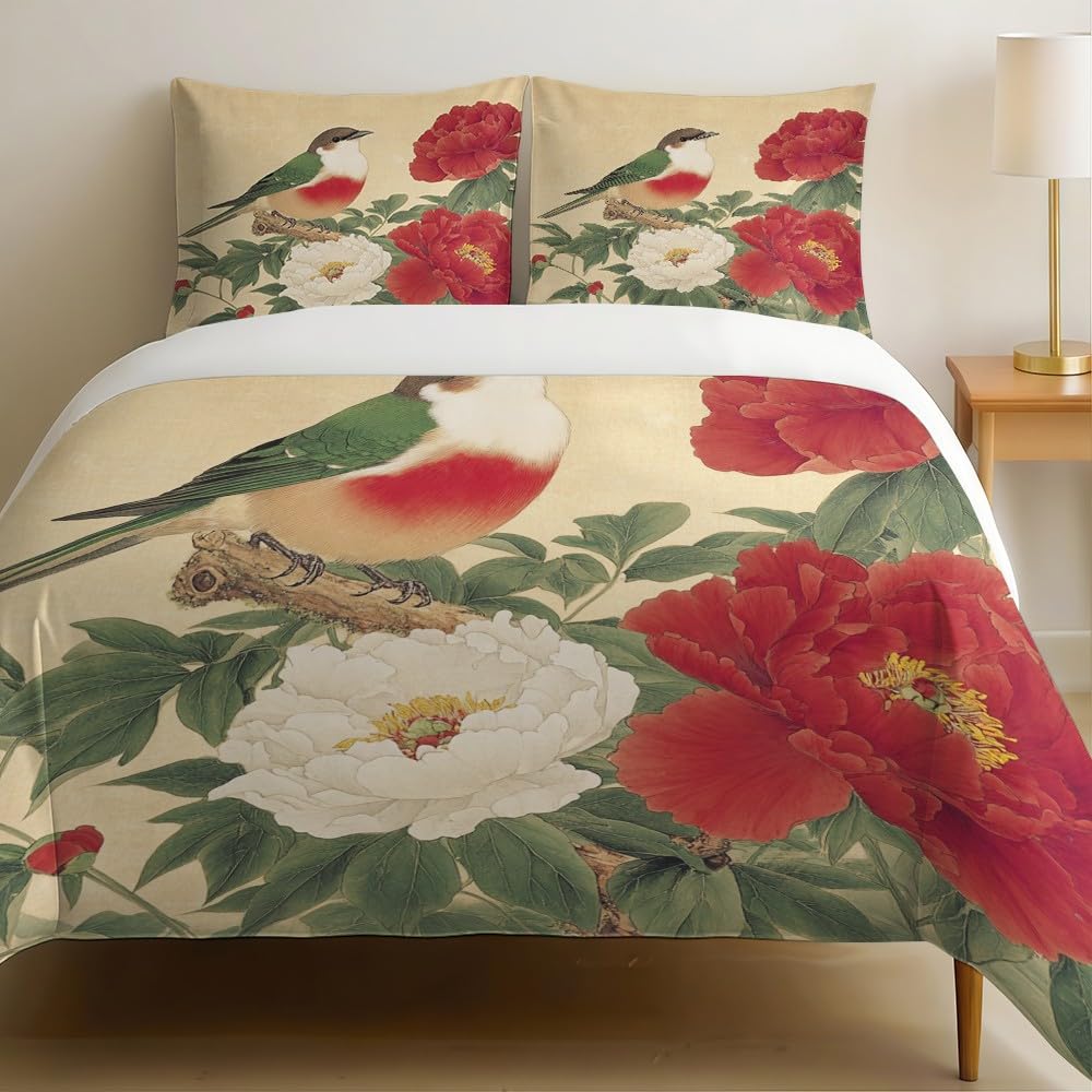 Housse de couette pivoines et oiseaux pour illuminer la chambre d'enfant avec un décor rouge 3D