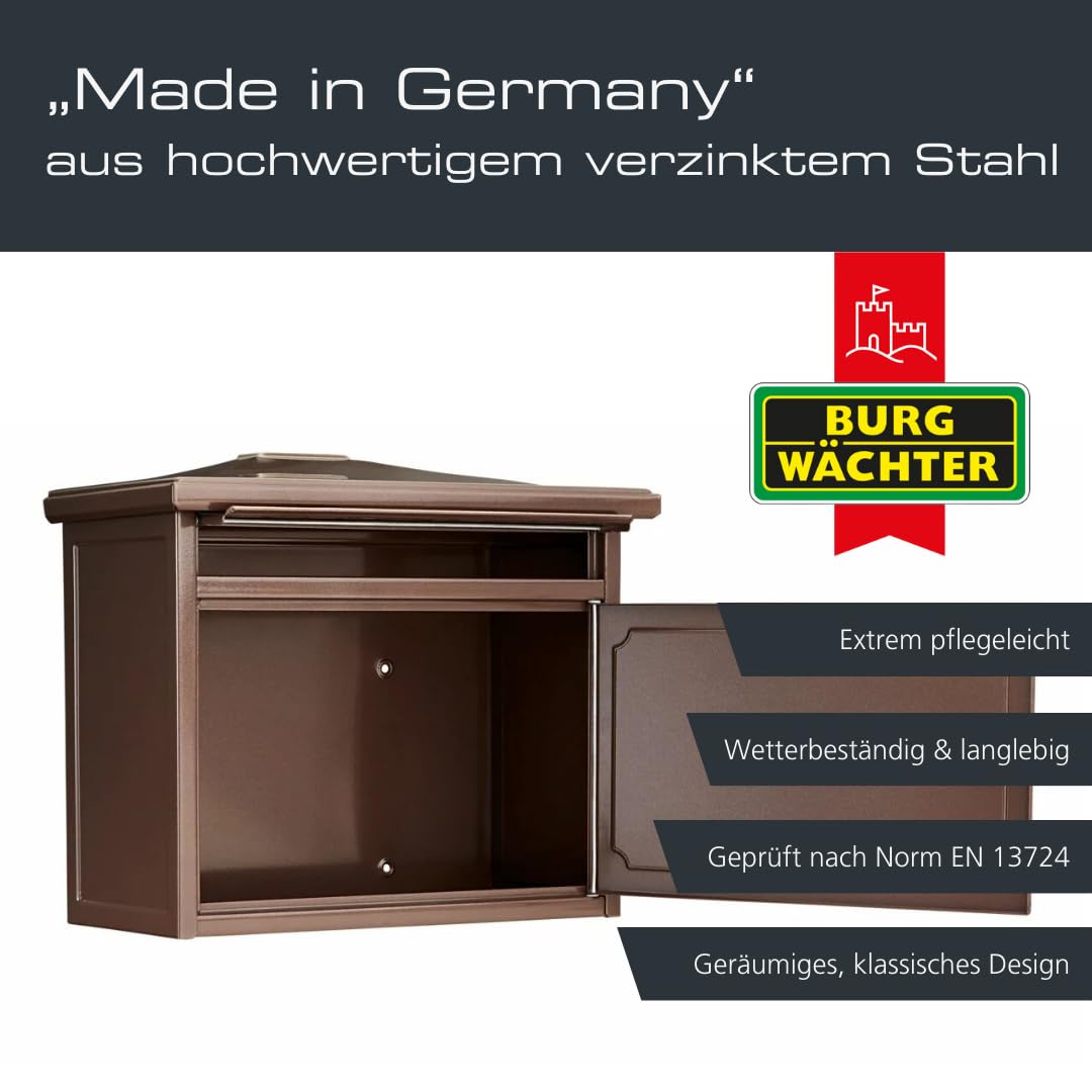 BURG-WÄCHTER Klassischer Briefkasten ohne Zeitungsfach und Namensschild, Verzinkter Stahl, Einwurf-Format DIN C4, 2 Schlüssel, Sylt 1883 K, Kupfermetallic