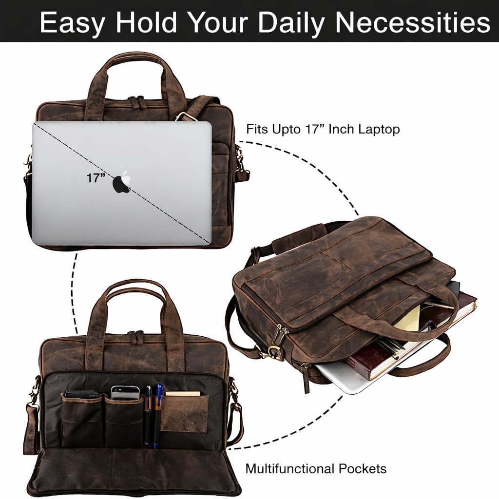 Full Grain Handcrafted 16” Leather Laptop Messenger Bag – Executive Office Briefcase with Thick Wide Shoulder Strap, Detachable Buckle & Spacious Compartments for Travel & Work