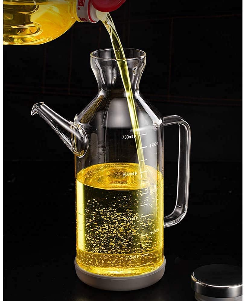 Dispenser per Olio e aceto in Vetro di qualità Superiore, Moderno Dispenser per Olio d'oliva con Coperchio Antipolvere e Contenitore per Salsa di soia a Prova di perdite (750 ml)