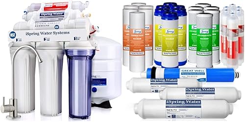iSpring RCC7AK Sistema de filtro de agua potable de ósmosis inversa para debajo del fregadero, color blanco y F28K75 Juego de suministro de repuesto