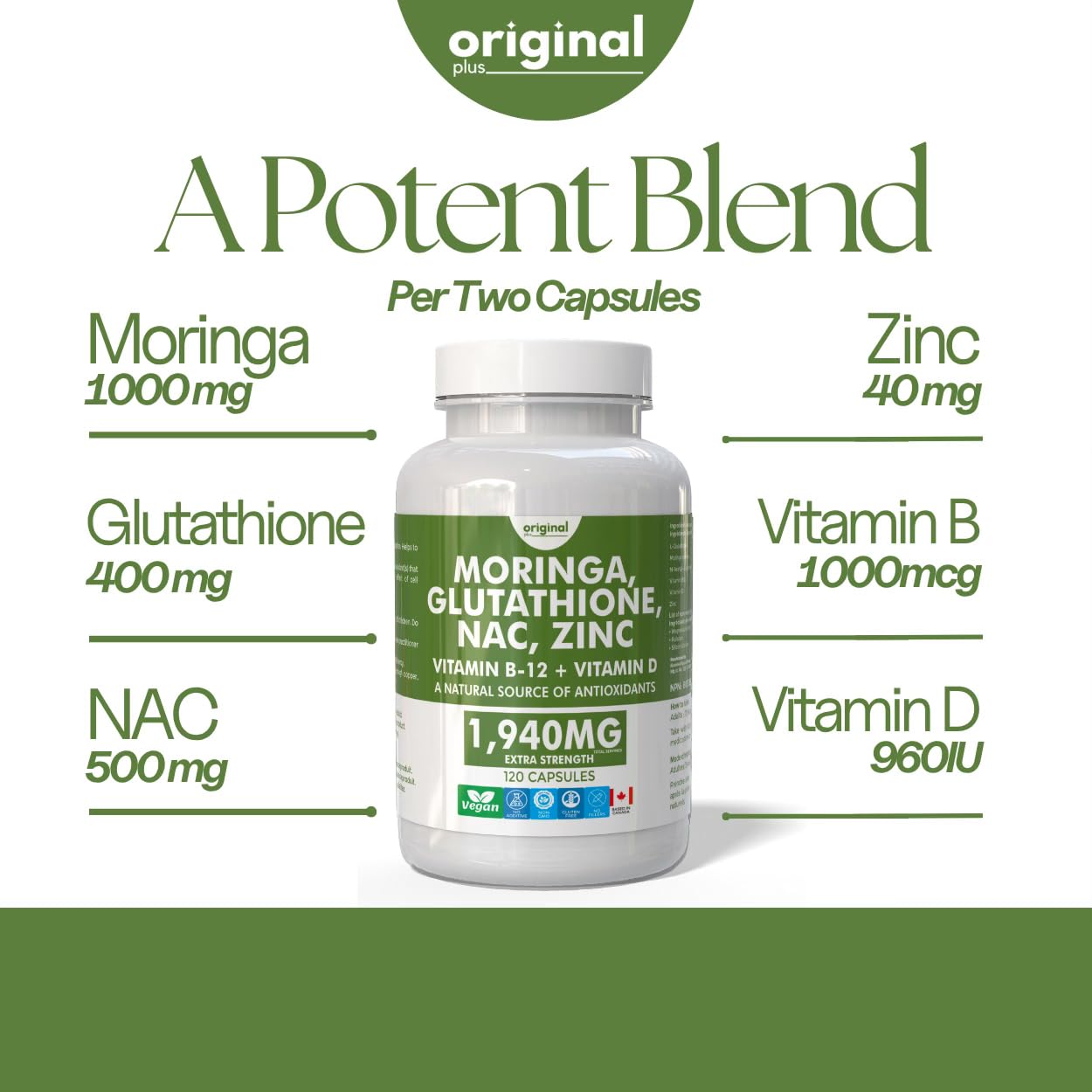 Original Plus 6-in-1 Pure Moringa with NAC, Glutathione, Zinc, Vitamin  B-12, and Vitamin D | 1940mg Daily Supplement Dose