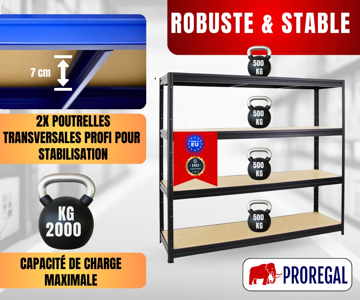PROREGAL Étagère Charge Lourde Dino | HxLxP 180x200x60cm | 500kg par Niveau | Noir | Étagère Robuste de Garage, Atelier, Cave, sous-Sol, Stockage, Rangement, Rayonnage