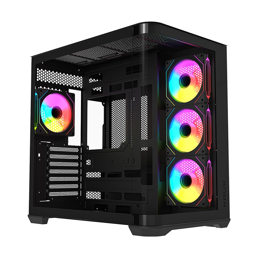 KRUX Tano Obudowa PC ATX/E-ATX – Panoramiczne Szkło Hartowane, 4x Wentylatory 120 mm ARGB PWM, USB-C, Hub ARGB/PWM, Obsługa GPU 420 mm, Czarna Obudowa Gamingowa, fishtank