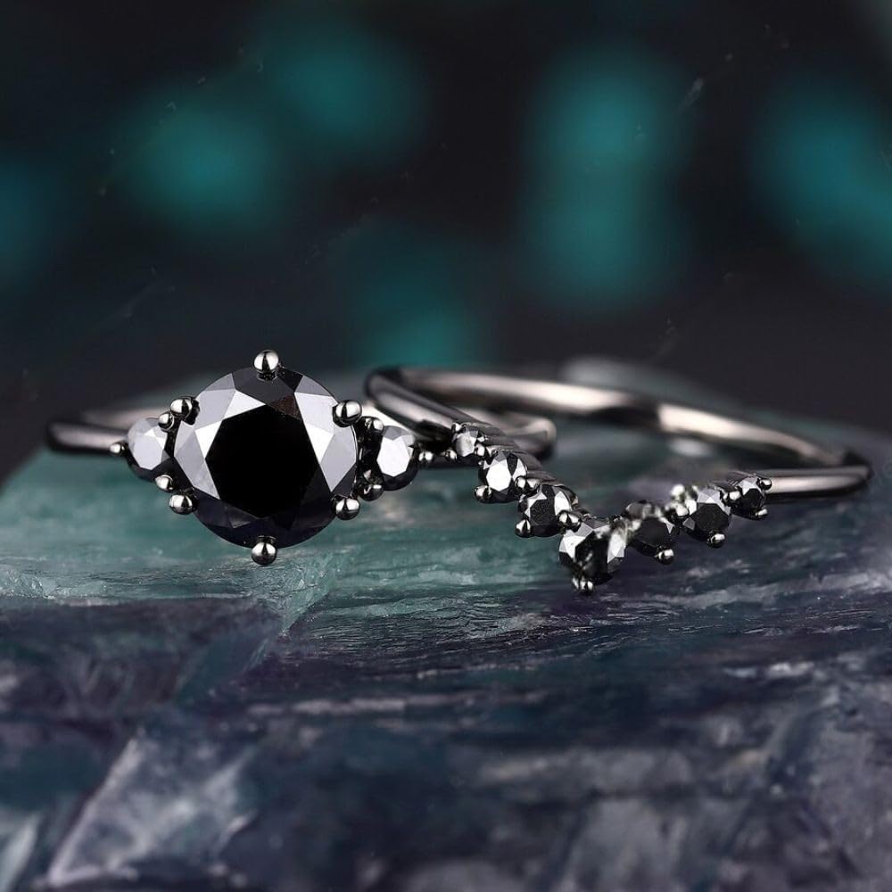 Ssjewel Full Black Diamond Black Bridal Engagement Rings Set For Women 2 Ct Black Wedding Ring Set 14K Black Rhodium 925 Sterling Silver Handmade With Love Black lover Promise Ring Set Gift For Her
