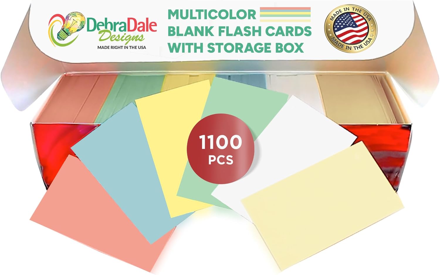Debra Dale Designs Blank Index Flash Cards - 1100 Pack - Made in USA - 2" x 3.5" - 90 lb Index - 5 Colors + white - Perfect for Teachers & Students - Ideal for Studying, Visual Learning Supplies