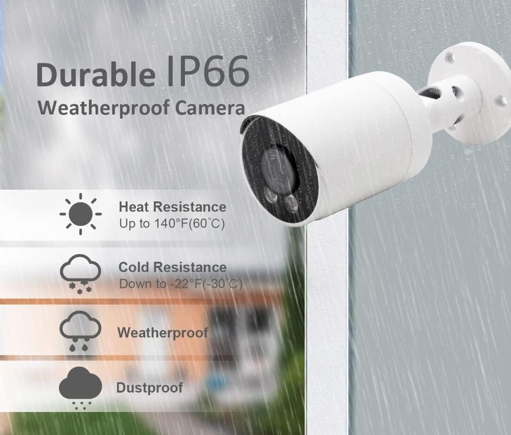 Image of the bullet camera with icons indicating its IP66 weatherproof features: heat resistance up to 140°F (60°C), cold resistance down to -22°F (-30°C), weatherproof, and dustproof.