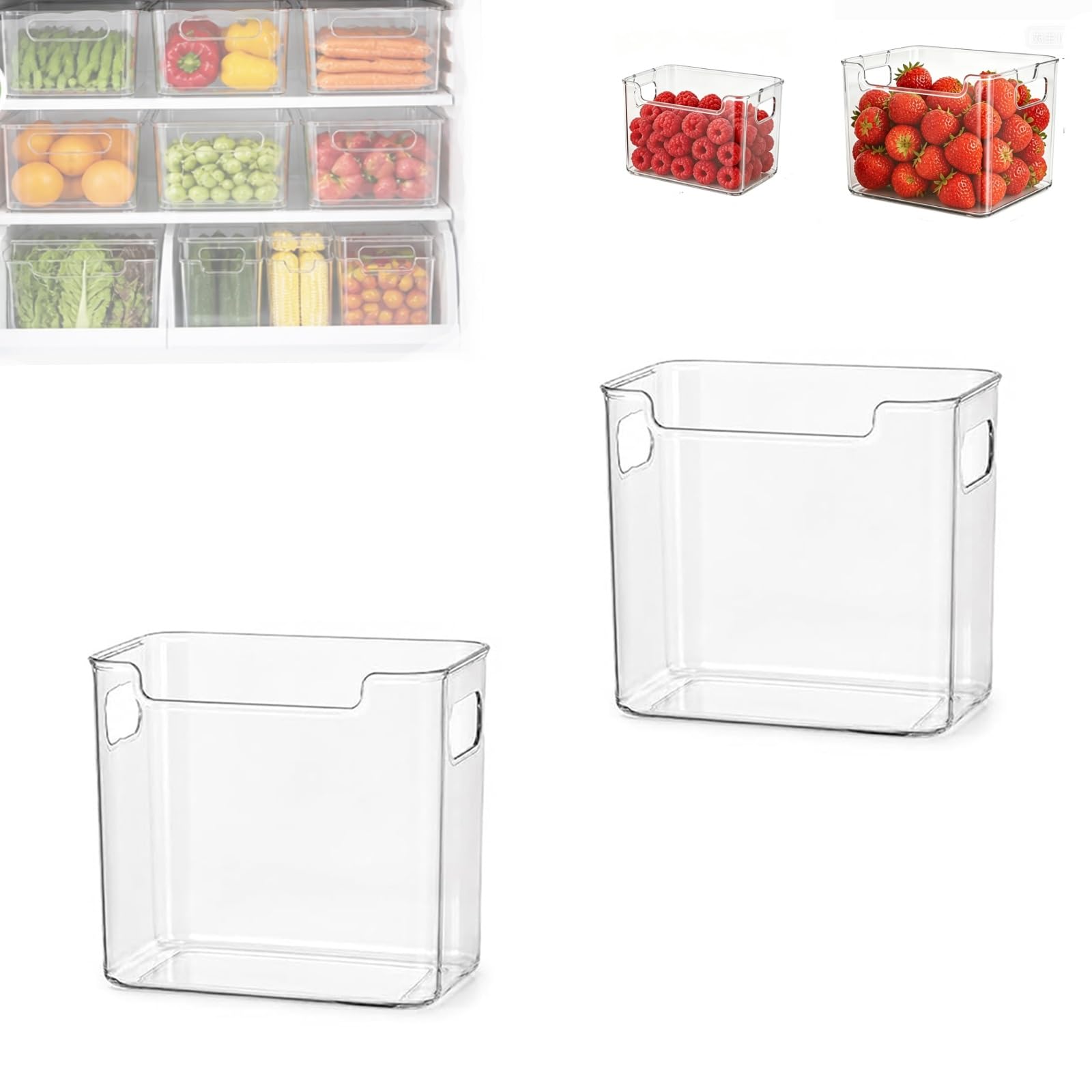 QTVKMAS Crystal Clear Freezer Storage Bins, Stackable Kitchen Cabinet Organizer With Handles For Refrigerator Pantry Frozen Food Meat And Veggies(Small-2pcs)