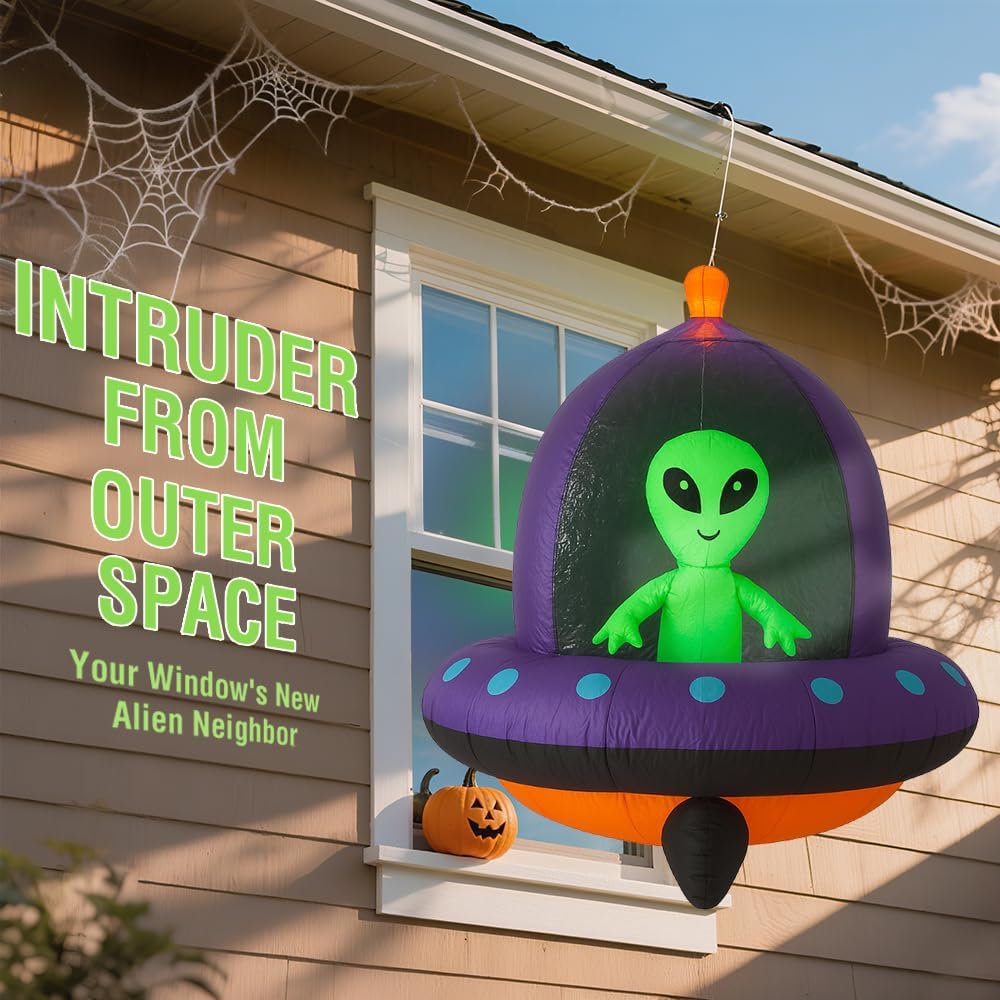 GARIG 5FT Christmas Inflatables Outdoor Decorations Aliens and UFO Build-in LEDs Lights Blow Up Yard Decorations for Garden Lawn Window Indoor Party Holiday Decor