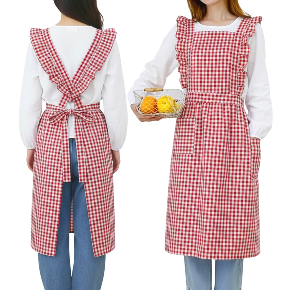 Vintage Apron, Adjustable Kitchen Aprons with Ruffles for Women Cook Baking