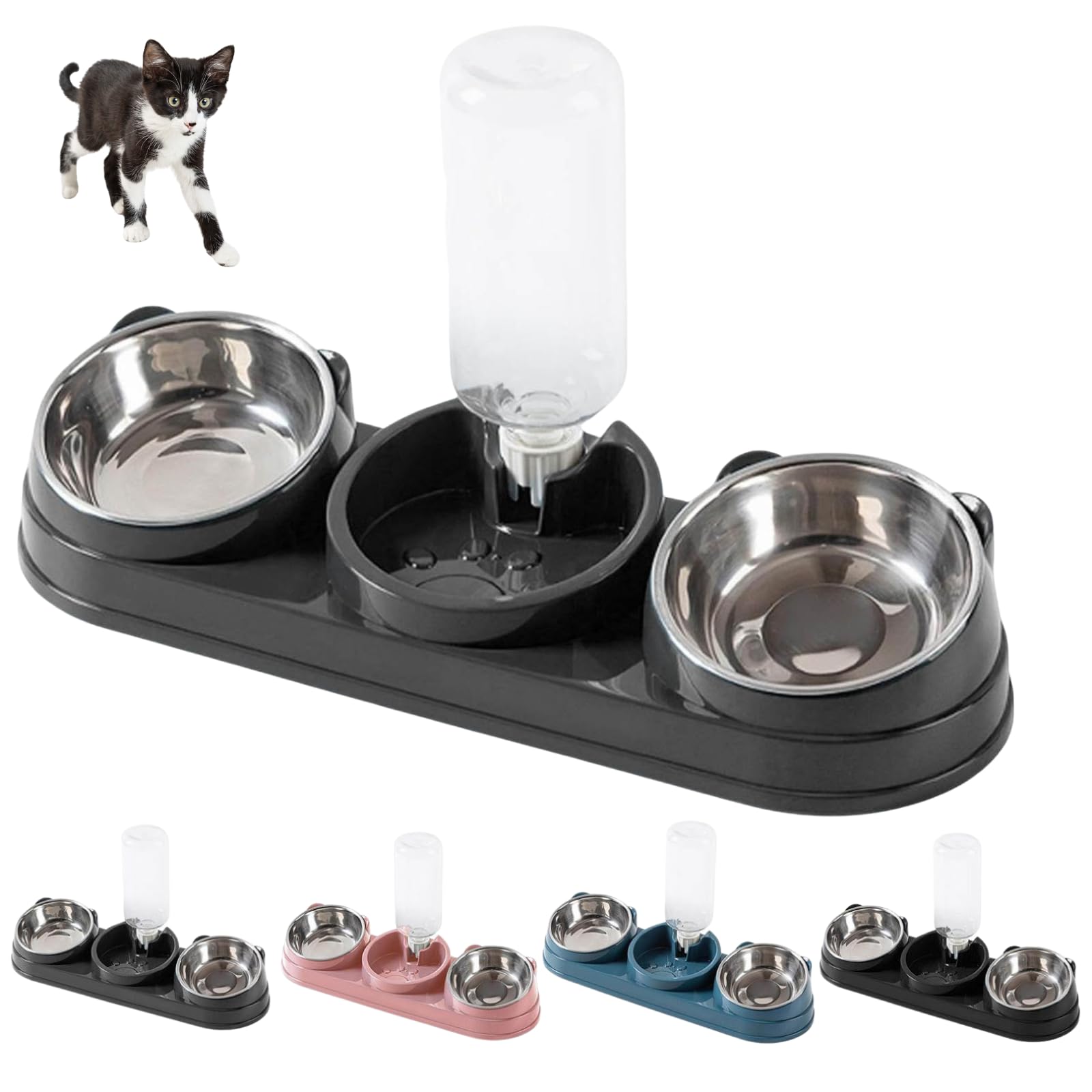 Triple Cat Bowls, 3 in 1 Pet Feeder Cats Dish, Pet Food Water Bowl with Automatic Water Bottle, Raised Cat Dish Food Water Bowls Set for Indoor Daily Use Rabbit Kitten Bunny Puppy (Grey)
