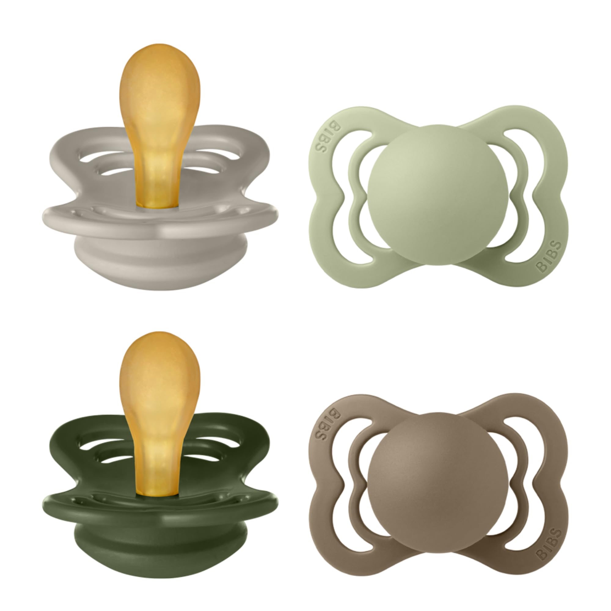 BIBS Supreme Soother 4-Pack, BPA Free Dummy Pacifier, Symmetrical Nipple. Natural Rubber Latex, Size 1 (0-6 Months), Sand/Sage/Hunter Green/Dark Oak