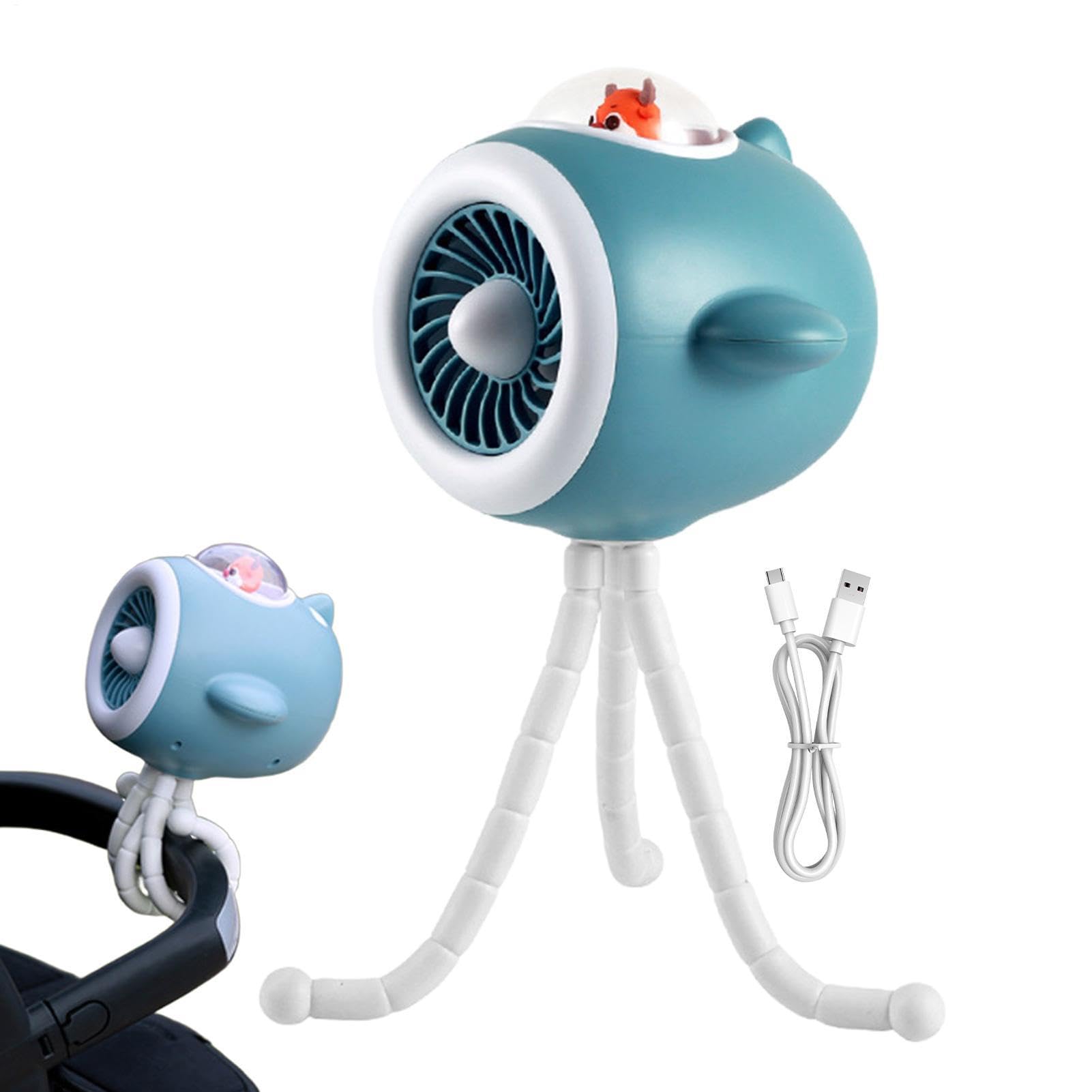 Generisch Ventilatore per passeggino con luce LED regolabile a 3 livelli | Ventilatore da tavolo per bambini, ragazzi, viaggi, parco, shopping, campeggio, casa, auto, asilo dei bambini, estate