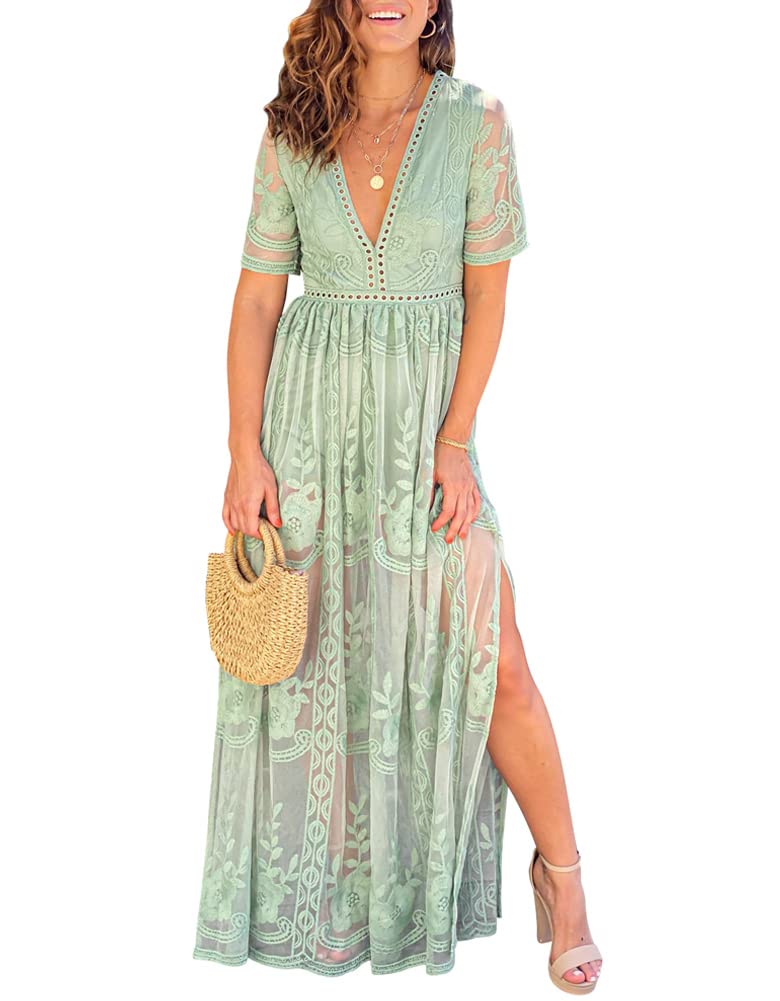 Eleter Women's Deep V-Neck Lace Romper Short Sleeve Long Dress