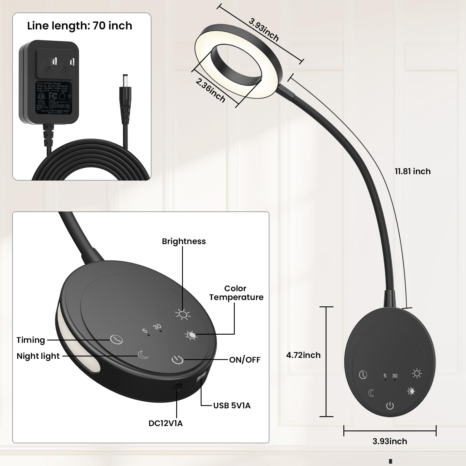 Lampada da lettura da parete, luci da comodino con 5 temperature di colore e 5 dimmerabili, collo d'oca flessibile a 360°, uscita USB, luce notturna e funzione timer, perfetta per la lettura