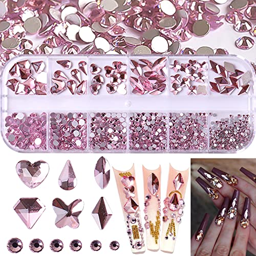 BELICEY Nail Rhinestones Kit 800PCS Multi-Shape Rhinestones for Nail Crystals Decoration Nail Hearts Butterfly Charm Nail Dimond Gems Stone for Nail Art Jewels DIY Crafts Clothing (Light Rose)