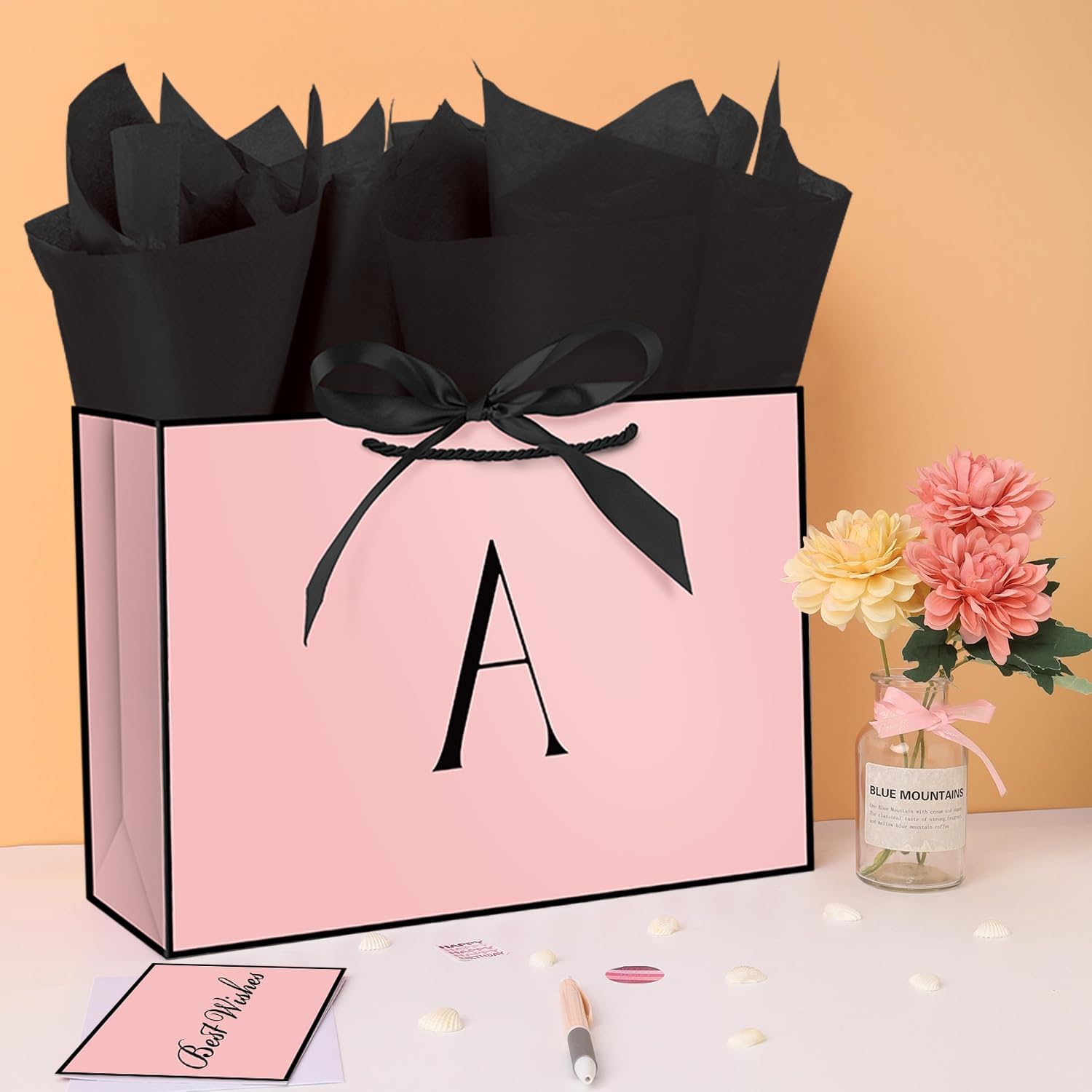 Linelglobal Pink Letter Gift Bag with Handles for Women 12.6" Anniversary Wedding Party Includes Envelope, Card, Wrapping Paper - Initial A - Image 4
