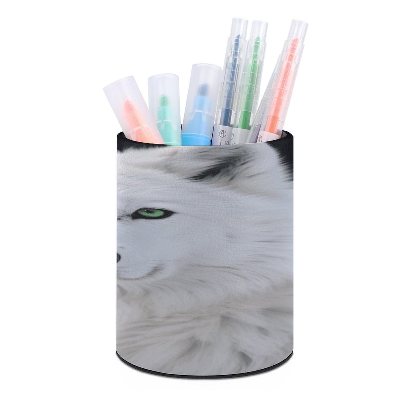 VstaDank Cool White Wolf with Green Eyes Pen Holder for Desk Makeup Brush Holders Stylish Pen Cup Cute Pencil Cup Round Pencil Holder Decor Brush Scissor Holders for Multifunctional Office Supplies