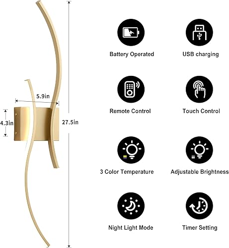 Miniatura 5 de Juego de dos apliques de pared a pilas con control remoto, colores continuos 3000K-6000K y atenuación, luz de pared LED dorada inalámbrica para sala