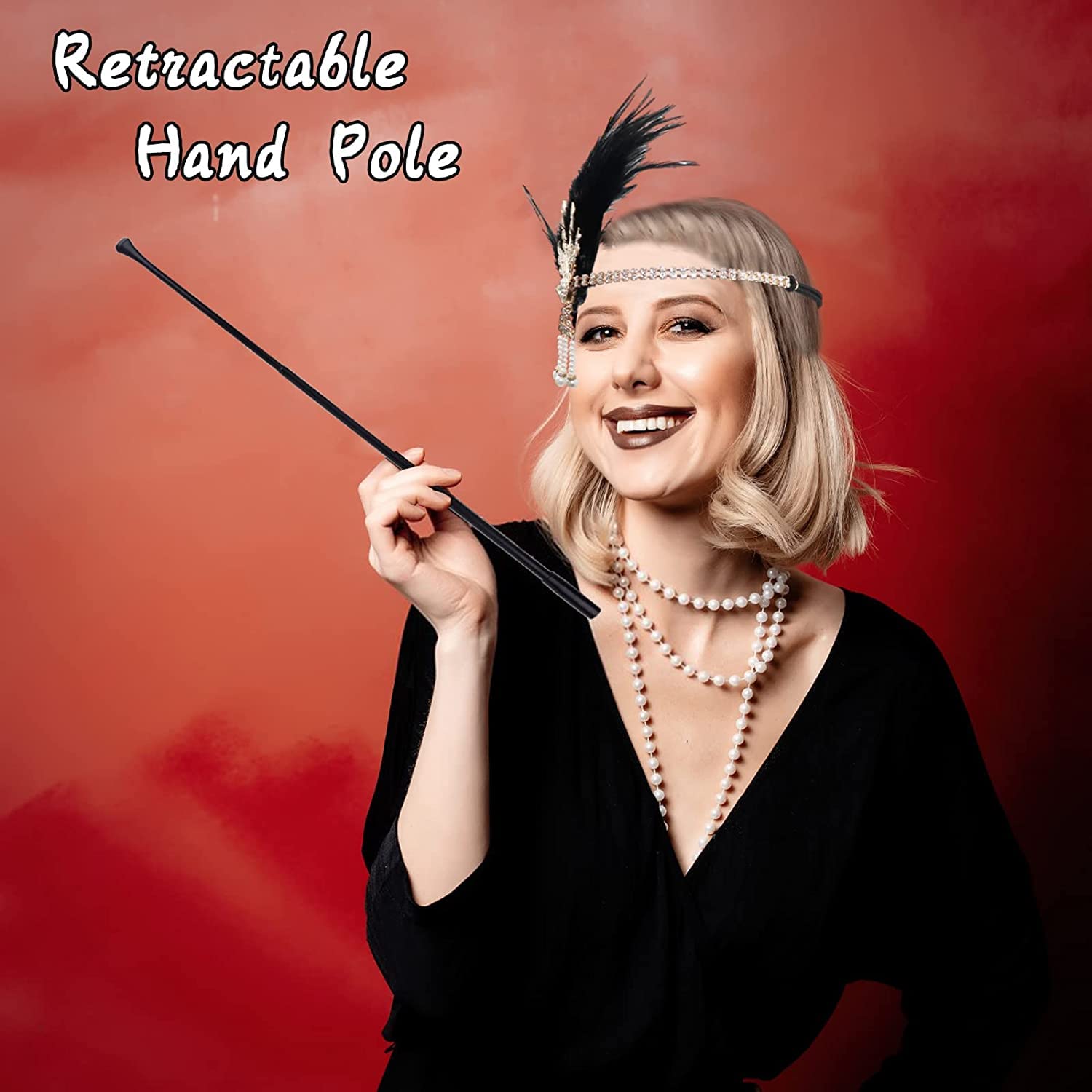 1920 Accessories Set, 5pcs Great Gatsby Accessories with Headband Earrings Pearl Necklace Gloves Handheld Props, 1920s Flapper Costume Vintage Accessories for Women Girl (Style-2) - Image 3