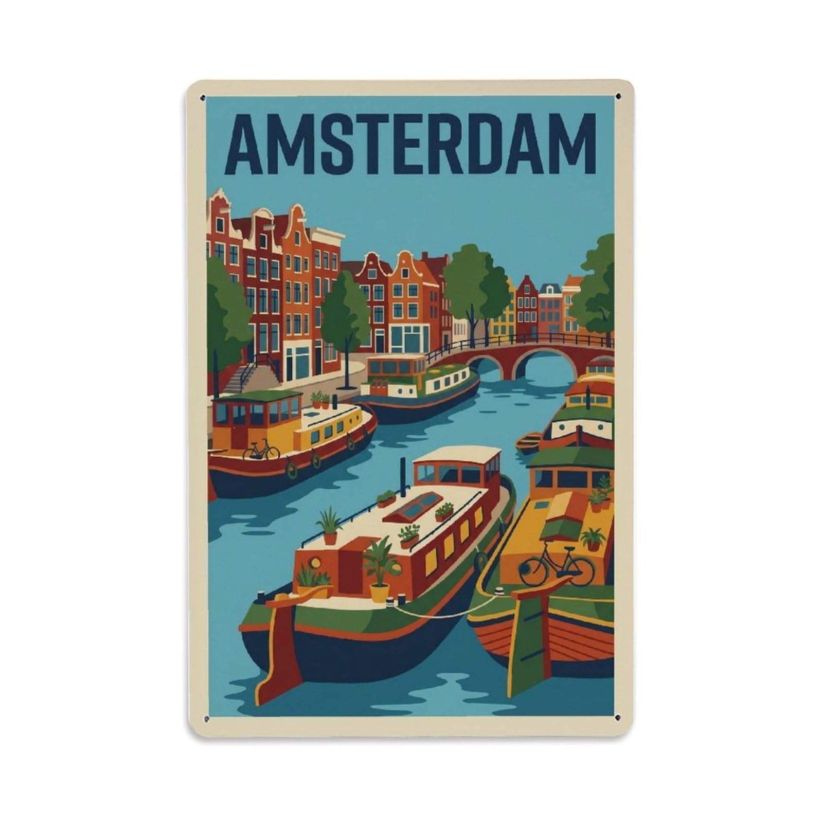 Vintage Travel Houseboats Netherlands Living Metal Tin Sign Plaque Wall Decor for Cafe, Club Bar, Office, Home Garden Metal Poster 8x12Inch