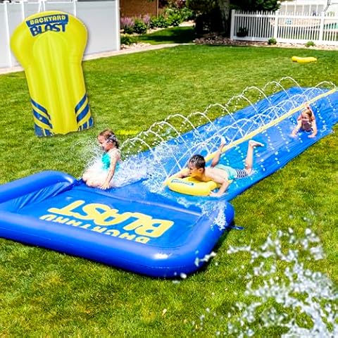 BACKYARD BLAST Giant Waterslide for Adults and Kids - Heavy Duty Large Slip Water Slide for Kids Backyard Outdoor Water Play Includes Inflatable Riders - 30' with Splash Zone Cover