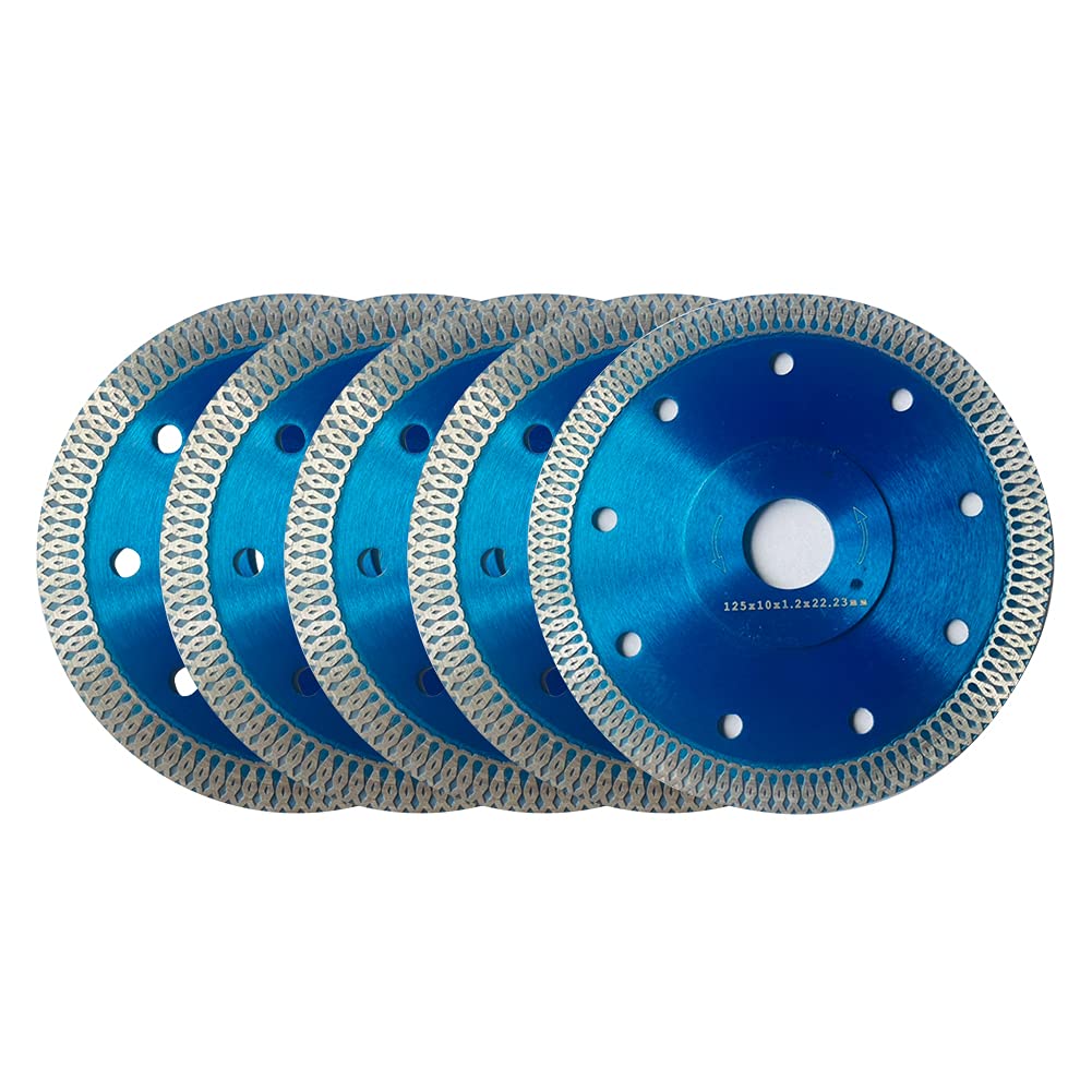 Disque Diamant 125mm, Lot de 5 Disque à Tronçonner Diamanté Ø125 x 1,2 mm x 22,23 mm, pour Meuleuse d'angle, Coupe de Porcelaine, Carrelage, Granit, Marbre, Céramique, Béton Renforcé, Bleu