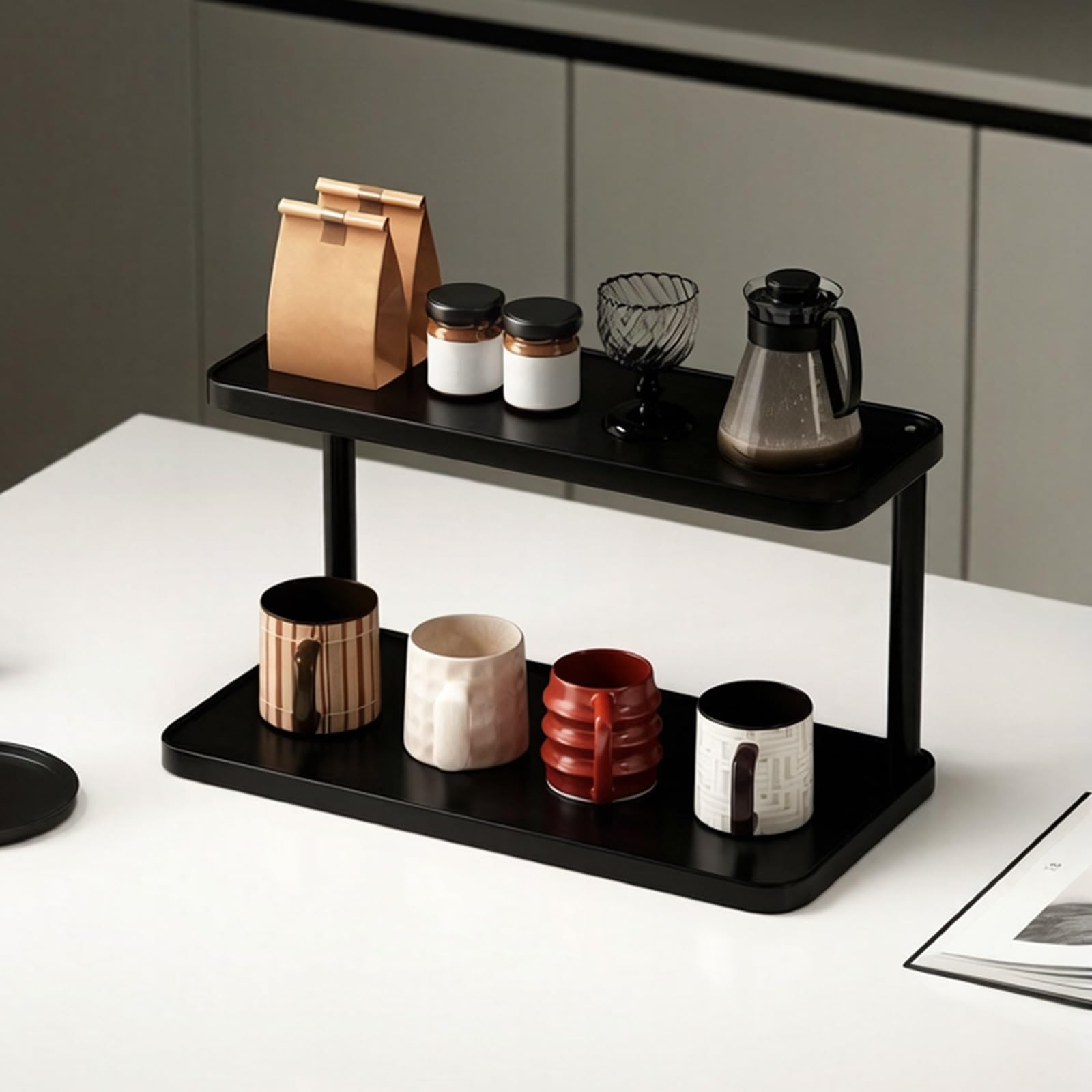 Estante abierto de madera maciza para tazas de café, soporte para tazas de café escalonado, estante de almacenamiento para cocina, oficina, sala de estar (15.7 x 5.5 x 5.7 pulgadas)