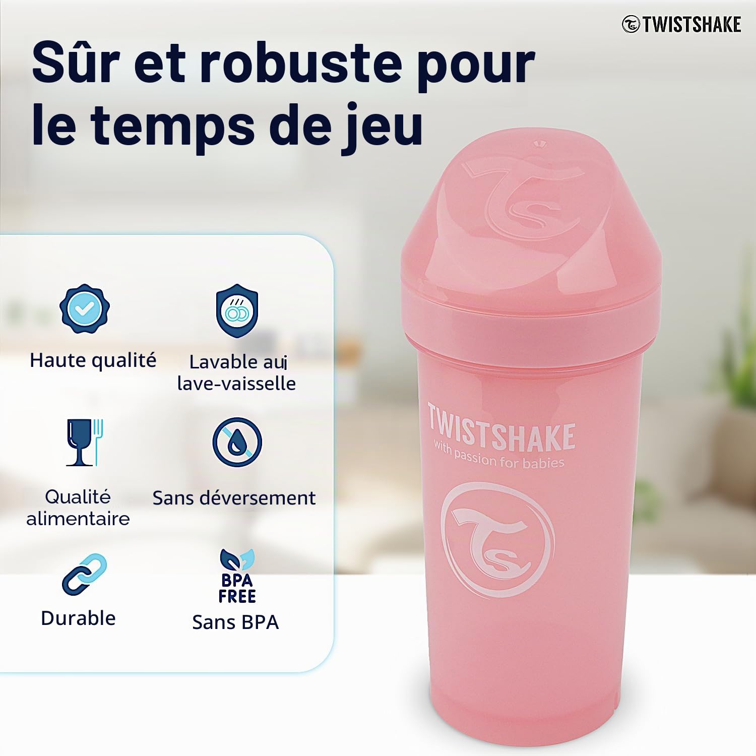 Twistshake Kid Cup – Biberon Anti-Fuite avec Bec Dur et Mélangeur de Fruits 360 ml – Bouteille d’Entraînement pour Tout-Petits – Bouteille d’Eau Anti-Déversement – Sans BPA – Rose
