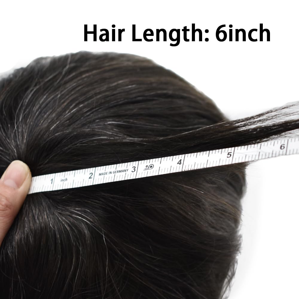 Toupee Hair Piece for Men Fine Mono Mens Toupee Real Human Hair Replacement System for Mens Hair Prosthesis Protesis Capilar 6X8#1B10#1B Off Black+10% Grey