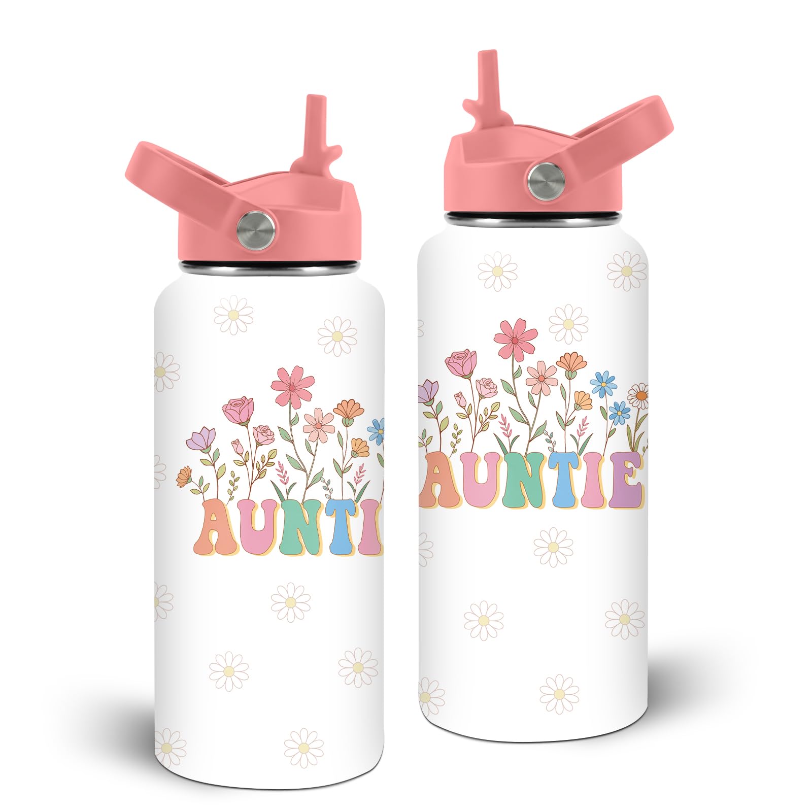 Auntie Insulated Water Bottle for Women, Stainless Steel Sports Tumbler with Straw Lid and Handle, 32oz Reusable Leak-Proof Bottle for Sports Gym