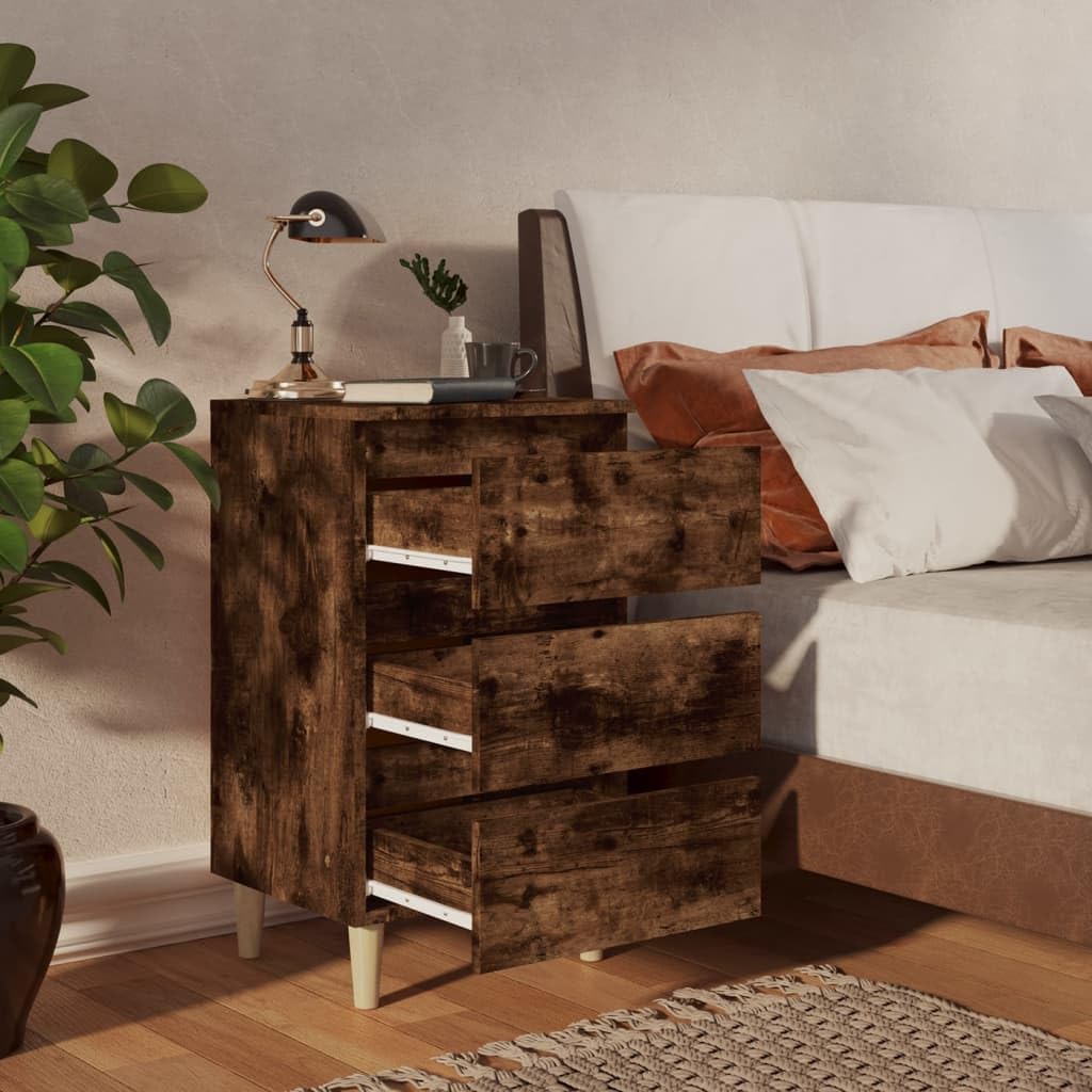 Stolik nocny z litego drewna dębowego dymu 40 x 35 x 69 cm, stolik nocny, stolik nocny, stylowy i funkcjonalny design, aby stylowo udekorować sypialnię